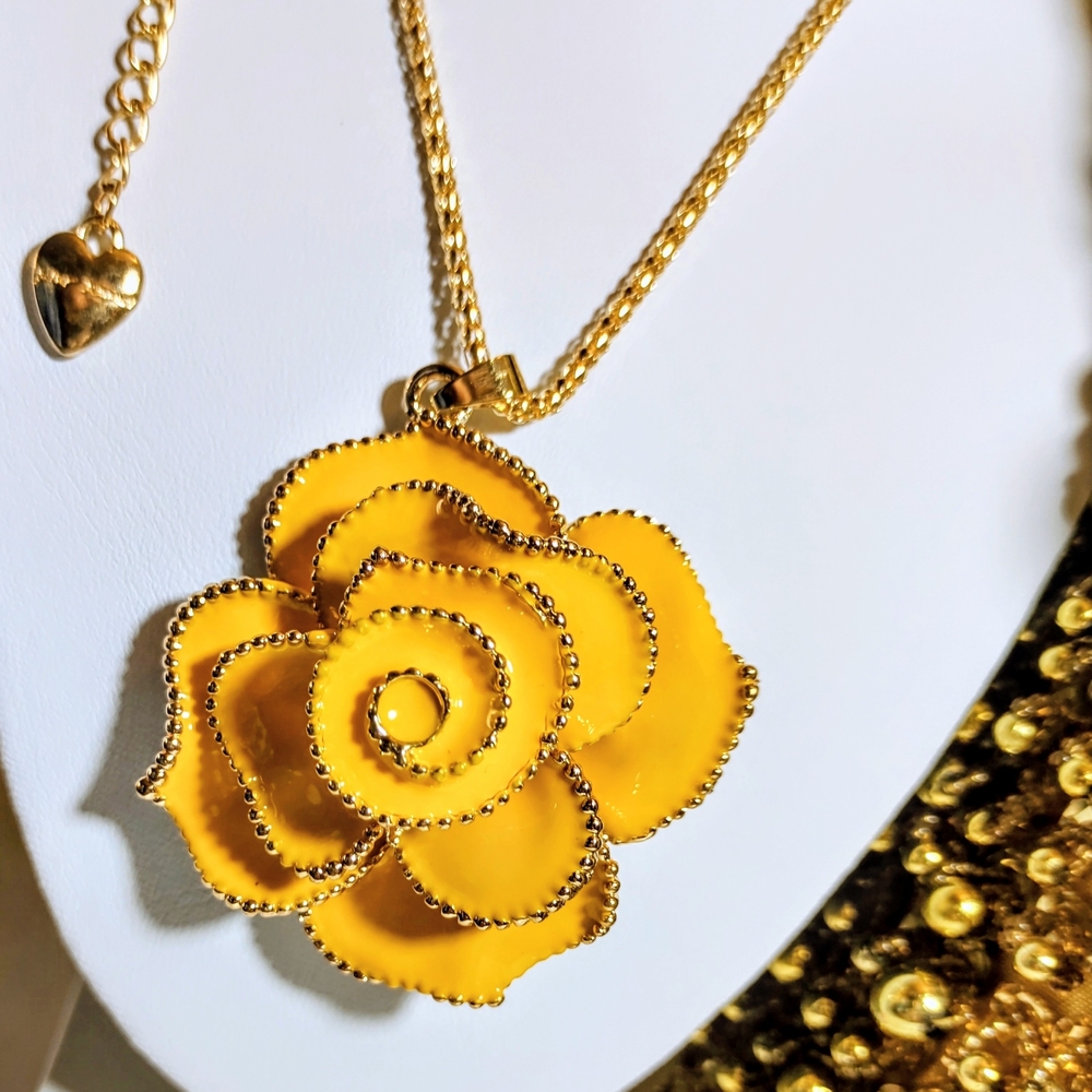 Betsey Johnson Yellow Rose Gold Plated Necklace & 27" Rope Chain